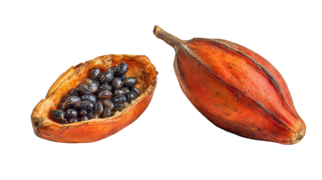 Red And Orange Dried Seed Pod With Black Seeds Close Up