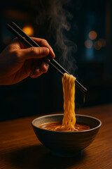 Steaming Ramen Lifted by Chopsticks