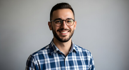 Fototapeta premium Smiling Young Man with Glasses and Beard in Plaid Shirt, Headshot Portrait with Happy and Confident Expression Against a Clean Grey Background