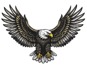 A detailed illustration of an eagle in flight, showcasing intricate line work and detailed feather patterns.