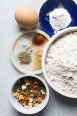 overhead view of ingredients for making savory biscotti and bread chips