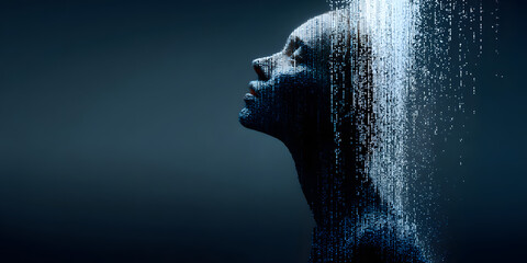 New modern era deep data AI power. Female mind genius global trend. Woman face future design, cyber tech smart tool, neural system ethics. Pixel head stream, human brain flow. Big matrix datum idea