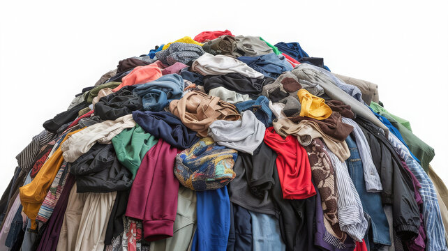 A huge pile of colorful clothes isolated on white background, representing textile waste and fast fashion impact textile - Powered by Adobe