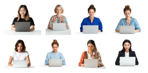 PNG Diverse women working remotely online, element set on transparent background
