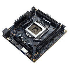 Close-up of a dark-colored computer motherboard with a central processor