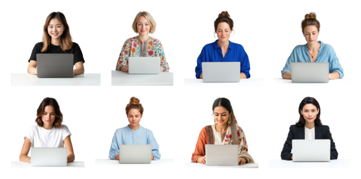 PNG Diverse women working remotely online, element set on transparent background