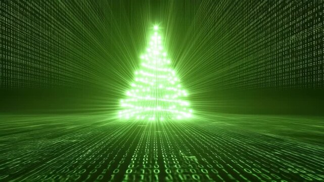 Digital Christmas tree illuminated in a virtual environment surrounded by floating binary code and glowing patterns