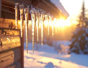 Icicles shimmer in golden sunlight, hanging from a snowy wooden roof at sunset.
