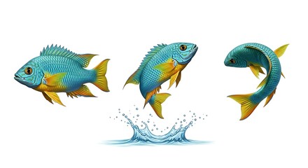 Fototapeta premium Three Blue and Yellow Fish Leaping from Water Illustration.