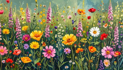 Vibrant meadow flowers in a summer landscape
