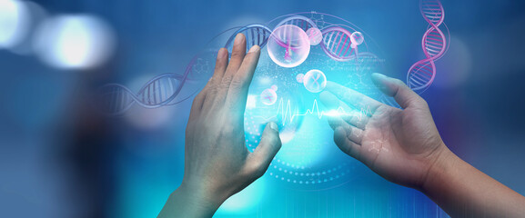 DNA concept of new ideas with Digital Virtual analysis chromosome DNA test of human in situations disease COVID-19 virus on hands in 3D illustration. Of free space for texts and creativity.