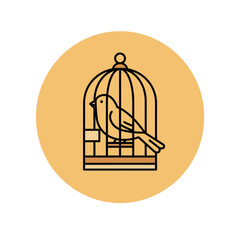 Canary bird in a vintage cage simple line symbol, an isolated pet shop vektor icon for web and print