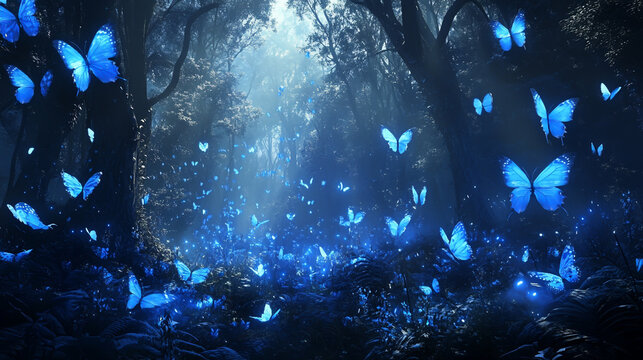 A magical forest scene with glowing blue butterflies fluttering around the trees, creating a whimsical and enchanting atmosphere in the woods