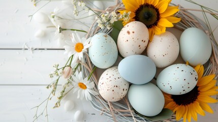 Easter eggs in nest with sunflowers and daisies