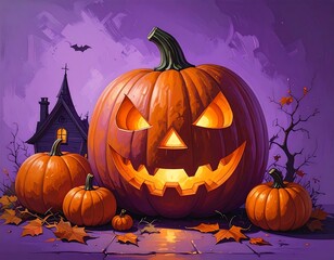 Spooky halloween pumpkins illuminated at night