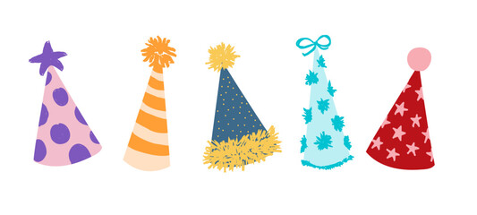 Set of hand drawn Party hat, colorful New Year Hat, Christmas caps, Birthday party hats, Vector funny colorful decorations, illustration in flat style