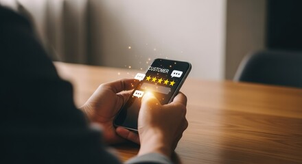 Customer experience concept, user giving five star rating via smartphone application