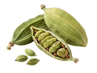 Naklejka premium Green cardamom pods and seeds isolated on transparent background