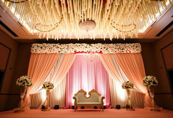 Grand South Indian wedding backdrop with shimmering soft gold tones, jasmine ceiling hangings, and pastel peach silk drapes.