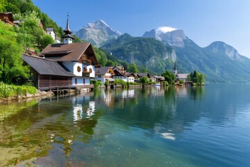 Fototapeta premium Scenic view of Hallstatt reflecting in the clear lake water with Dachstein Mountains in the background