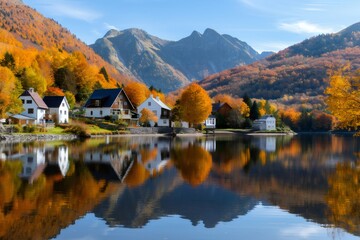 Fototapeta premium Houses reflecting on a lake during autumn in the Pyrenees mountains