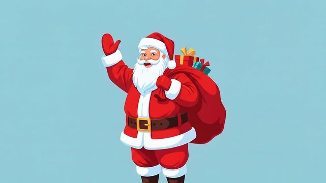 Cheerful santa claus waving holding bag of gifts