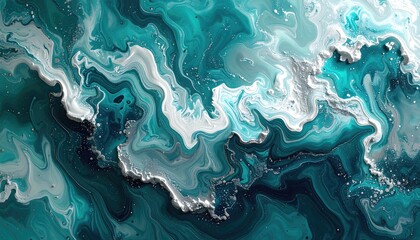 Obraz premium An abstract painting showcases swirling teal, white, and silver hues, creating a mesmerizing, fluid design.