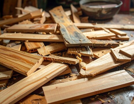 A pile of various sized and patterned wood pieces sits on a dark surface, suggesting discarded or salvaged lumber.