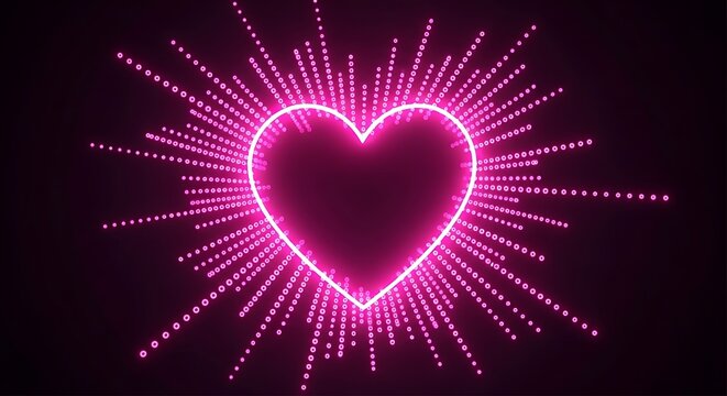 A vibrant, glowing heart shape outlined in bright pink neon light, surrounded by radiating dots, creates a captivating design element.