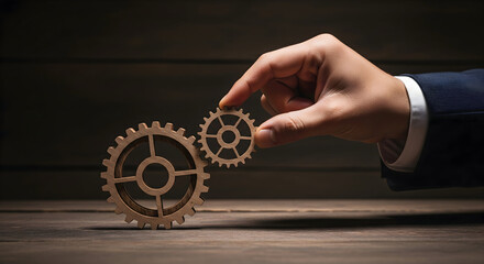 Business professional connects wooden gears symbolizing teamwork and strategy