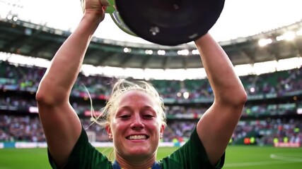 Portrait of Caucasian female soccer football player celebrating victory in the championship, lifting the trophy above her head in a huge stadium. Super slow motion