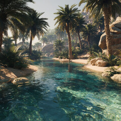 A serene desert oasis with crystal-clear water, palm trees, soft golden sand, cinematic lighting, ultra-realistic