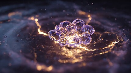 submicroscopic. A single, complex, glowing molecule emerges from a dark, primordial aqueous solution, symbolizing the spark of life. STEM education sheets.