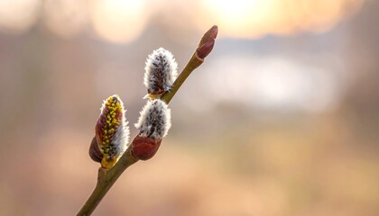 Spring awakening of a willow branch in soft morning light