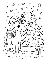 christmas unicorn coloring page black outline illustration with santa hat gifts and decorated tree stars background concept of holiday kids activity festive crafts education