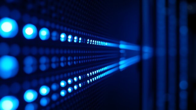 Close-up of glowing blue server rack lights creating an abstract technological pattern on a dark background.