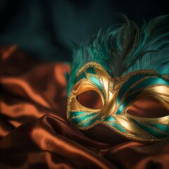 brazil. Feathered carnival mask in emerald and gold on velvet fabric, spotlight highlighting textures, deep sapphire backdrop. event programs.