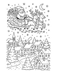 christmas coloring page santa sleigh flying with reindeer over winter village holiday festive night outline drawing for kids activity seasonal craft illustration