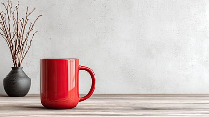 Red mug on wooden table, simple still life