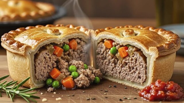 A delicious, steaming hot meat pie is sliced open, revealing a savory filling of minced meat, peas, and carrots. The golden pastry crust is perfectly baked, sitting on a rustic wooden board with a spr