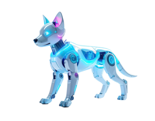 Robotic dog, light blue/white, mechanical limbs, glowing