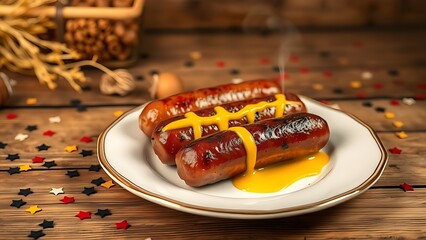Steaming bratwurst with mustard on porcelain plate, rustic table with scattered confetti.