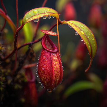 Close-up Nepenthes pitcher plant (Periuk Kera) in tropical rainforest, dewdrops on leaves, macro photography, 8K realism