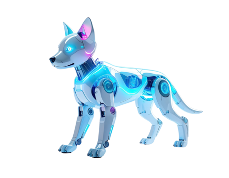 Robotic dog, light blue/white, mechanical limbs, glowing