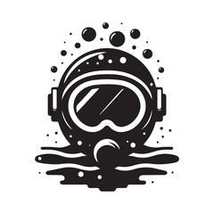 diving helmet on the ocean floor with bubbles vector silhouette outline logo design concept illustration