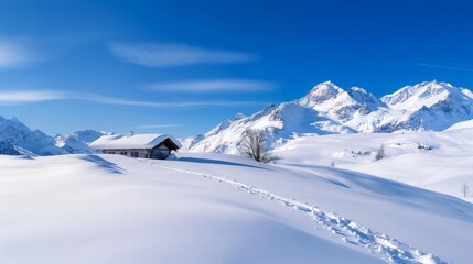 Fototapeta premium Wooden mountain hut covered by snow with footprints leading to it in a idyllic winter landscape