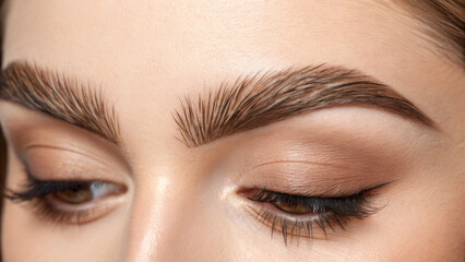 Naklejka premium Microblading eyebrow creates natural-looking brows. Close-up of a woman's eyebrow and eye showcasing detailed makeup and natural beauty.
