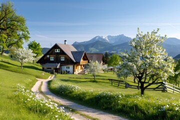 Obraz premium Idyllic spring landscape featuring blooming trees, farmhouse, and the majestic Alps in Slovenia