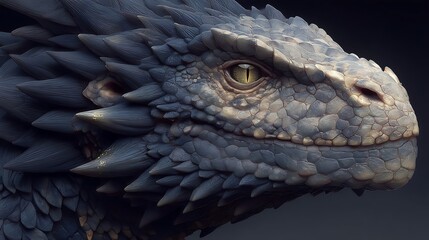 Naklejka premium Close-up of a blue dragon head with yellow eye and textured scales against a dark background
