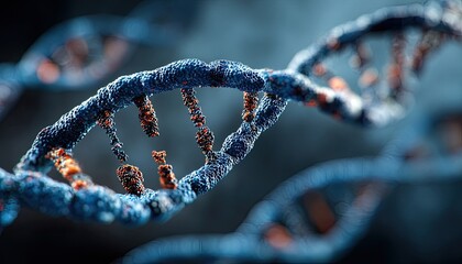 Close-up of damaged DNA helix. Rusty, dark blue strands